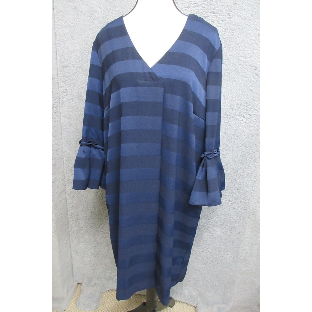 ECI Bell Sleeve Striped Dress XL‎ Blue V Neck Coastal Soft Feminine Office Chic